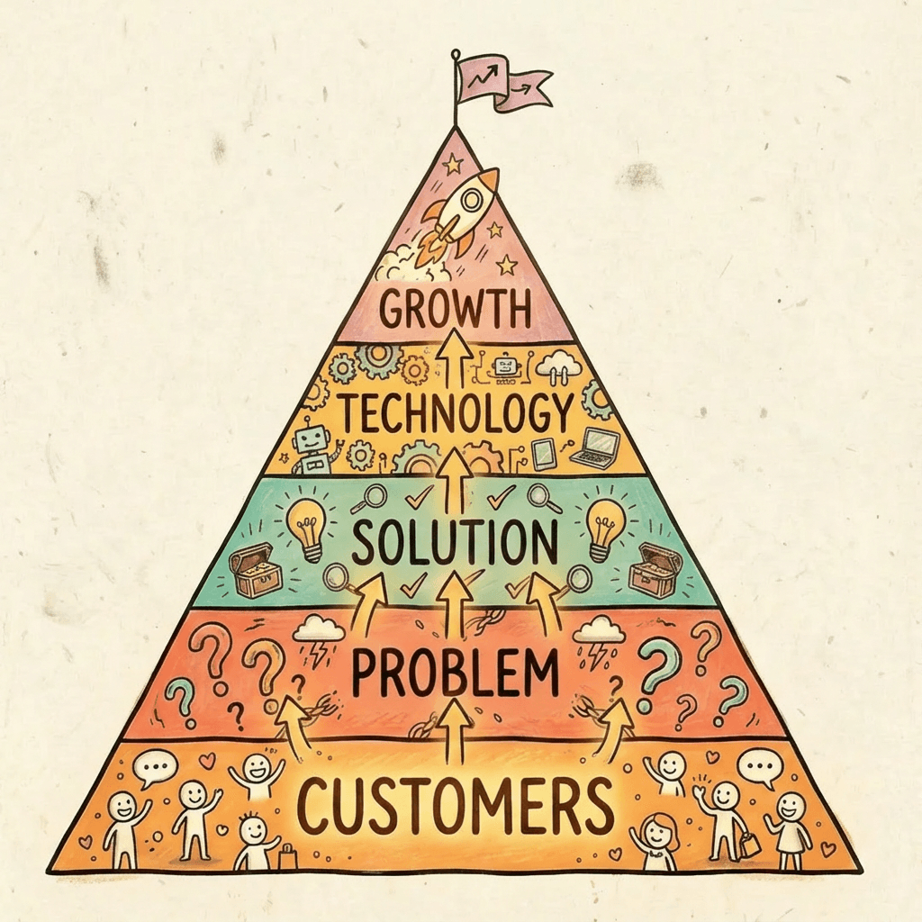 The Pivot Pyramid Framework - 5 layers: Customers, Problem, Solution, Technology, Growth
